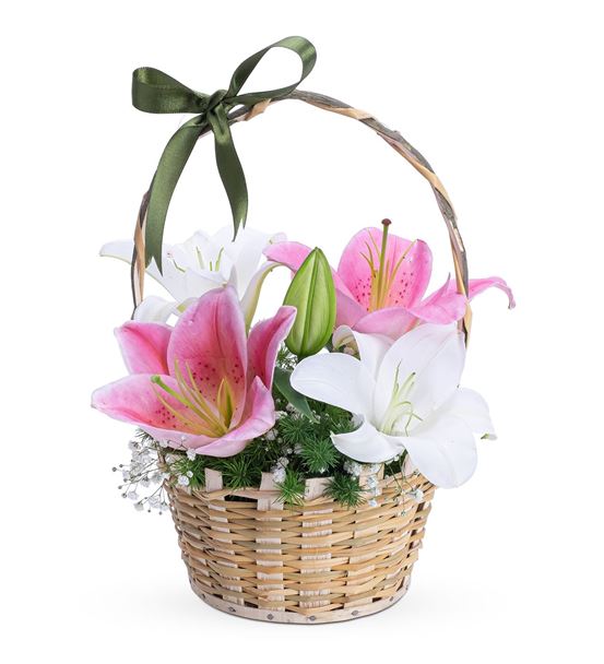 Mis Doğal Kokulu Beyaz Pembe Lilyum Çiçek Sepeti