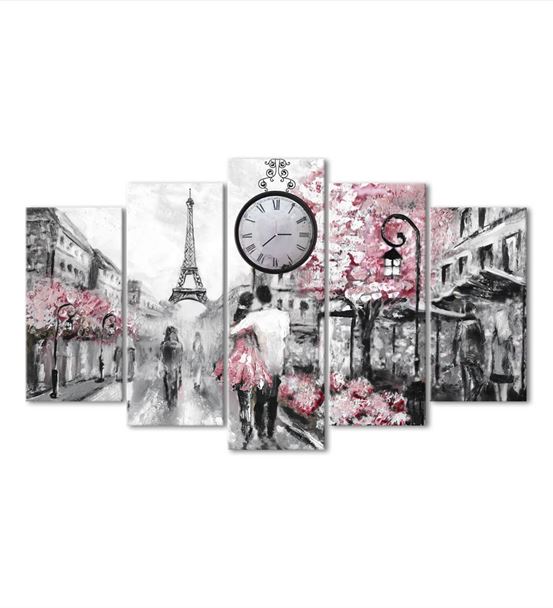 Paris Aşk Temalı 5 Parça Saat'li Kanvas Tablo